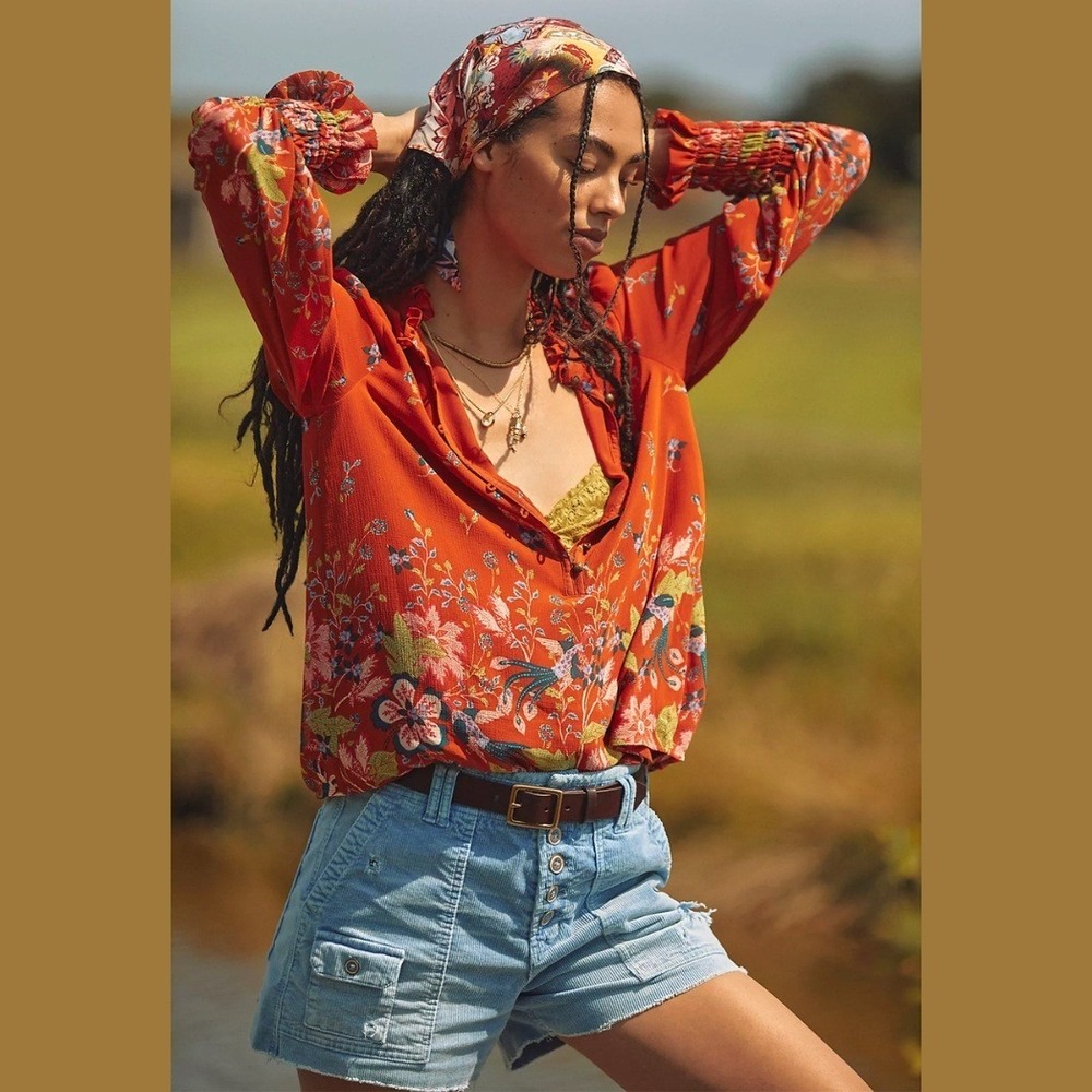 Anthropologie Womens XS Blouse Floral Chiffon Bird Print Ruffle Neck Smocked - Picture 1 of 11
